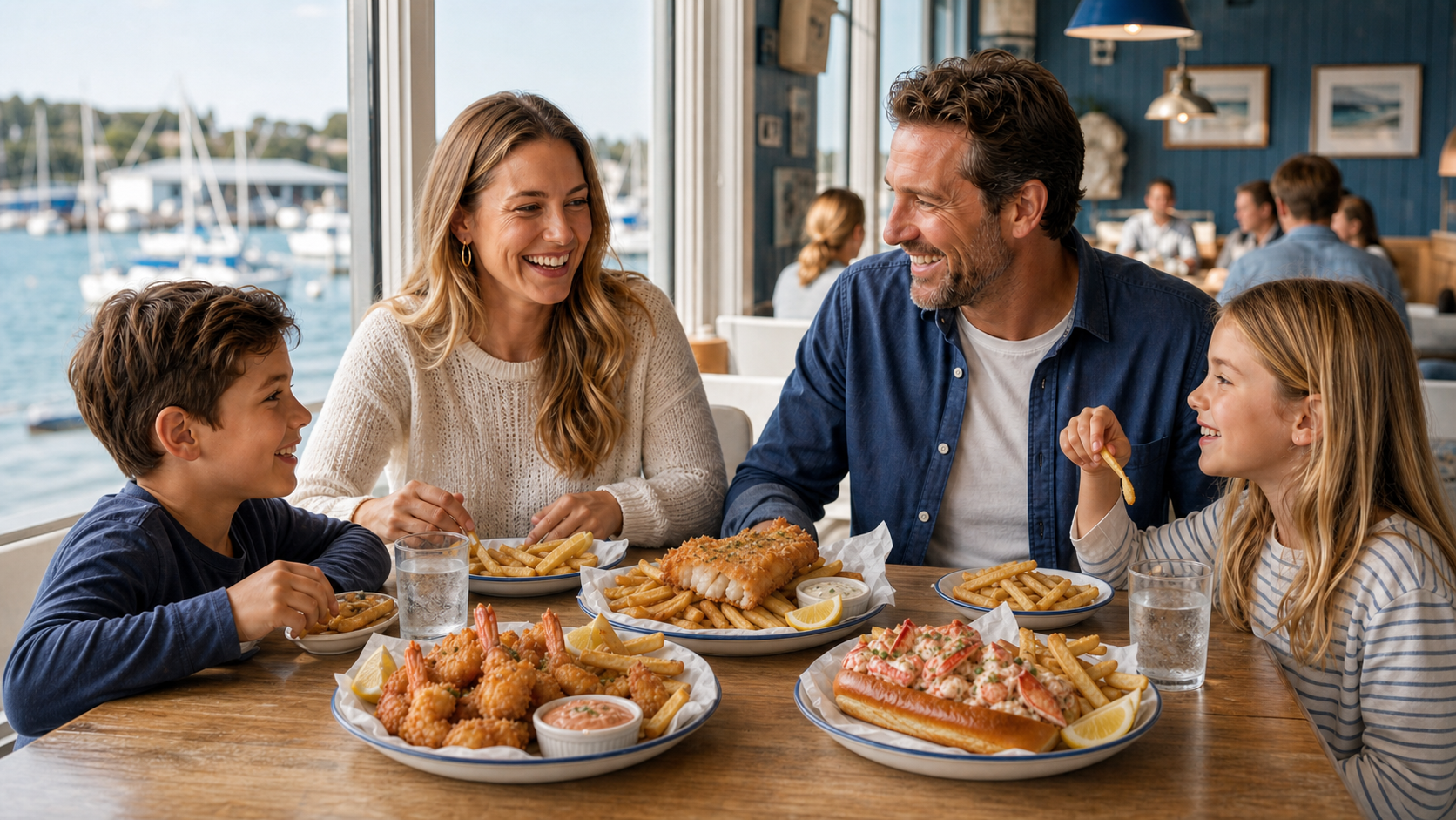 Family sharing fish and chips by the harbor