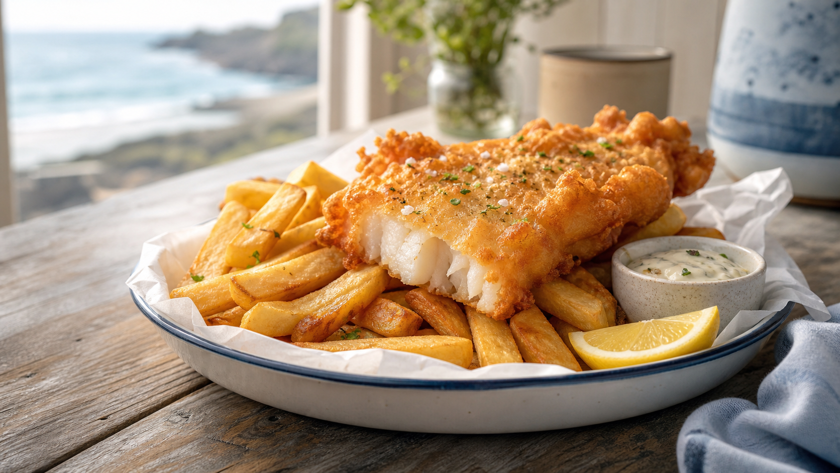 Fish and chips with tartar sauce
