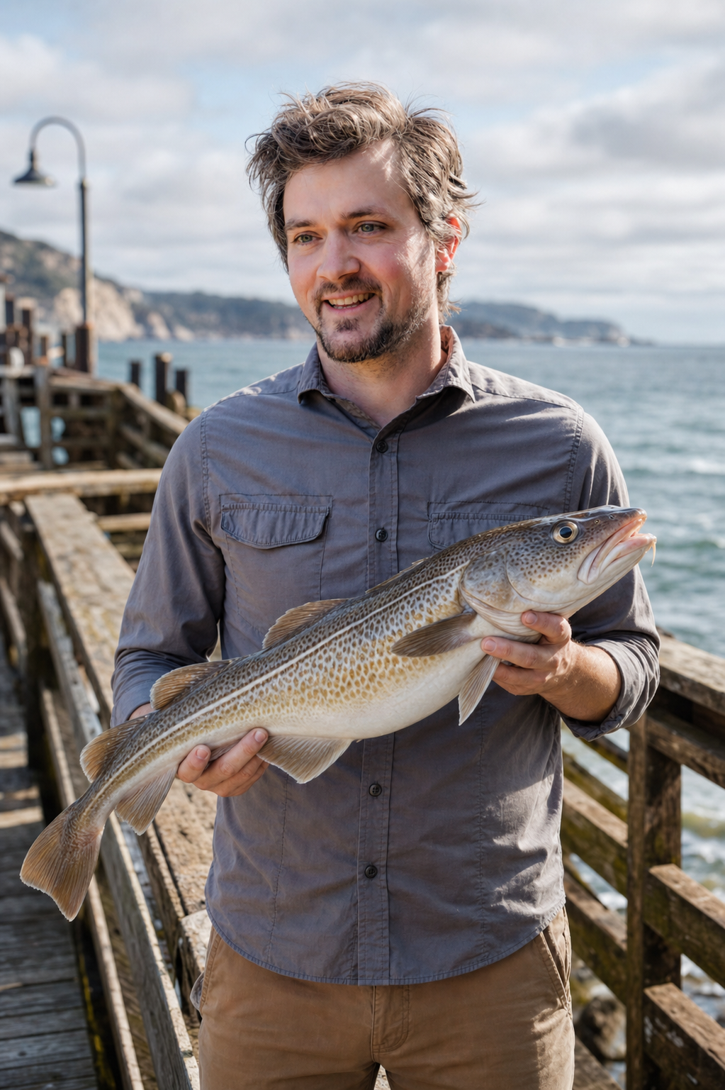 Cod In Heaven founder on a pier holding a fresh cod